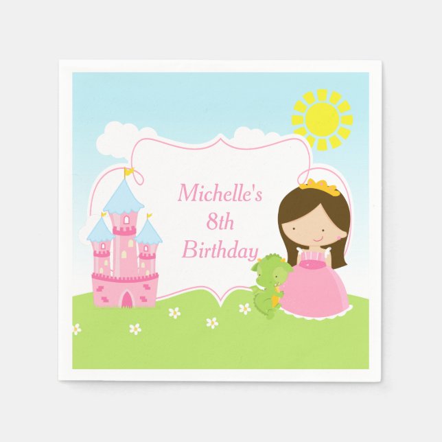 Servilleta De Papel Brunette Cute Princess y Dragon Birday Party (Anverso)