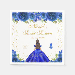 Servilleta De Papel Brunette de Cabello Floral Azul Princesa Cumple Du
