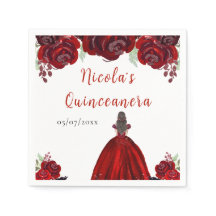 Brunette Hair Princess Red Floral Quinceanera
