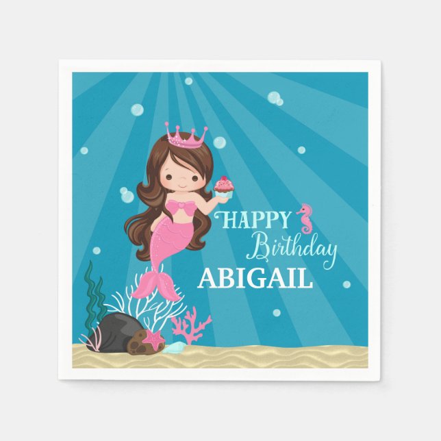 Servilleta De Papel Brunette Mermaid Birthday (Anverso)