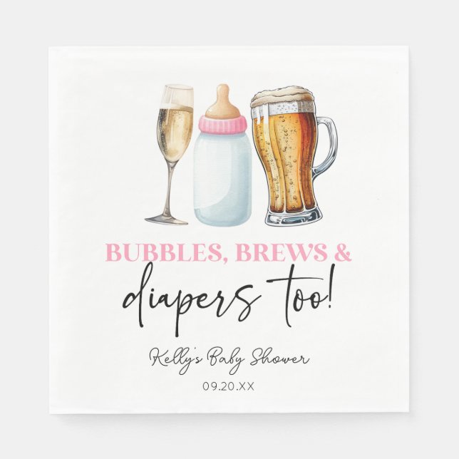 Servilleta De Papel Bubbles Brews and Diapers Too! Baby Shower (Anverso)