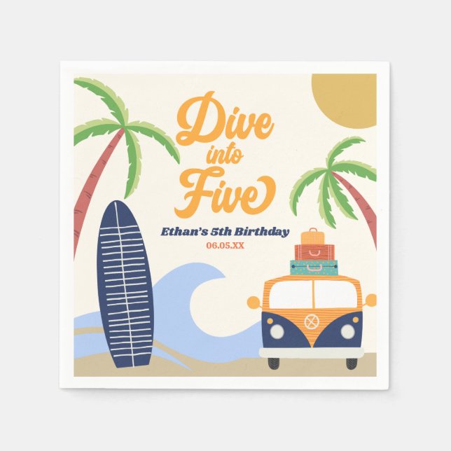 Servilleta De Papel Bucear en cinco Surf Azul 5º Partido de Cumpleaños (Anverso)