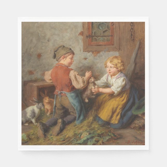 Servilleta De Papel Buenos Amigos (Jóvenes Jugando Con Conejo Mascota) (Anverso)