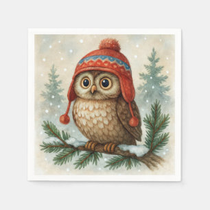 Servilleta De Papel Búho acuarela con gorro de invierno