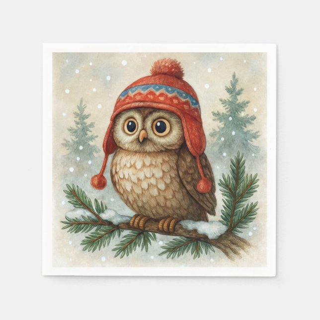 Servilleta De Papel Búho acuarela con gorro de invierno (Anverso)