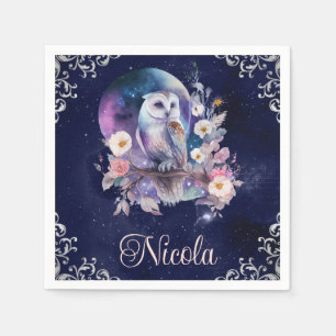 Servilleta De Papel Búho de fantasía celestial en acuarela vintage