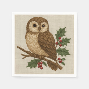 Servilleta De Papel Búho de Navidades de bordado rústico con Holly