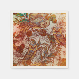 Servilleta De Papel Búho de otoño vintage rústico naranja azul verde p