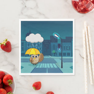 Servilleta De Papel Búho lindo con paraguas en el día de lluvias