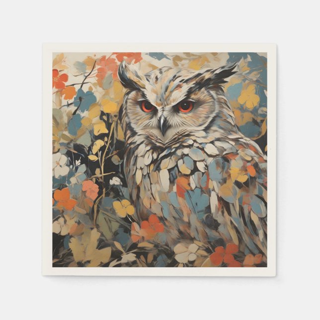 Servilleta De Papel Búho y flores en pintura de primavera (Anverso)