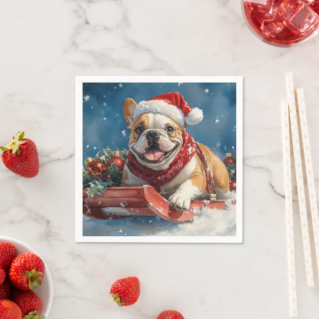Servilleta De Papel Bulldog en Trineo Deja que Nieve Navidad (In situ)