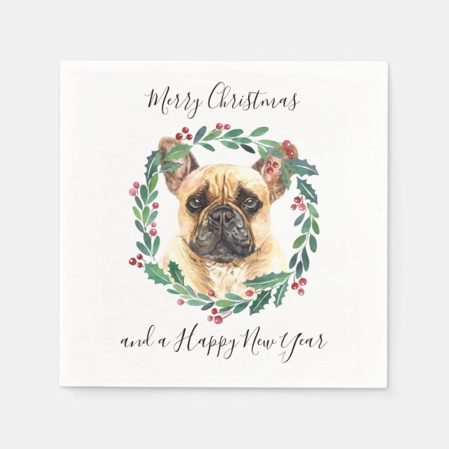 Servilleta De Papel Bulldog francés Elegante Perro Feliz Navidad (Anverso)