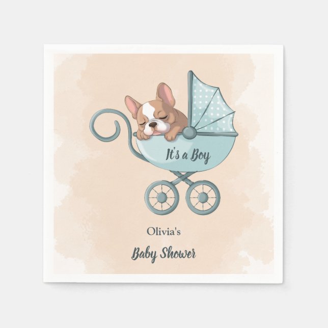 Servilleta De Papel Bulldog francés lindo Pup Blue Stroller Baby Showe (Anverso)