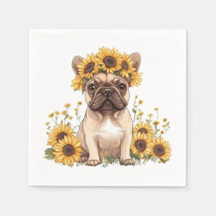 Servilleta De Papel Bulldog francés rodeado de girasoles