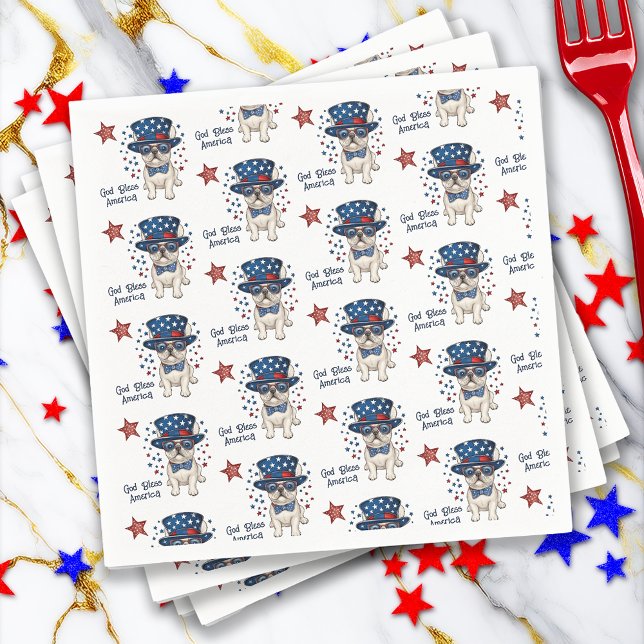 Servilleta De Papel Bulldog francés Whimsical Patriótico Rojo Azul Bla (French Bulldog Whimsical Patriotic Red White Blue Napkins)