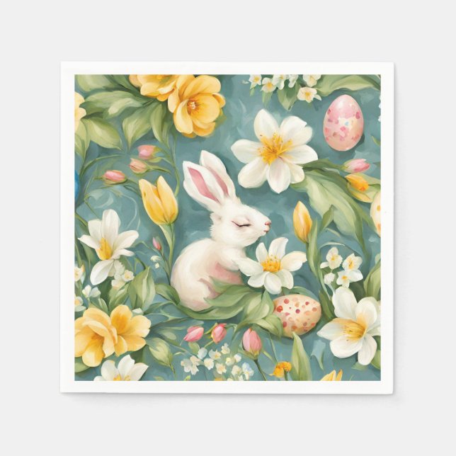 Servilleta De Papel Bunnies, flores de primavera y huevos de Pascua. P (Anverso)