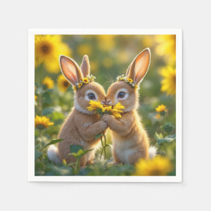 Servilleta De Papel Bunnies oliendo un girasol amarillo
