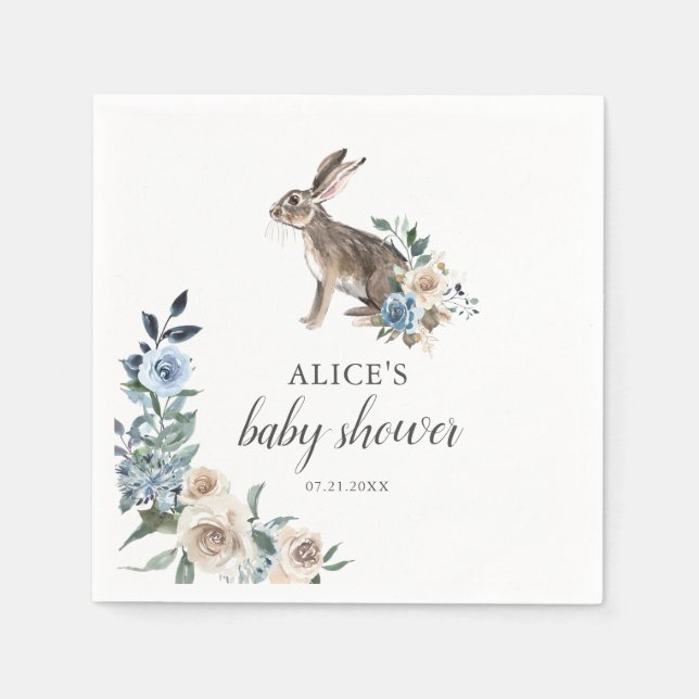 Servilleta De Papel Bunny Boho Dusty Blue Flowers Baby Shower (Anverso)