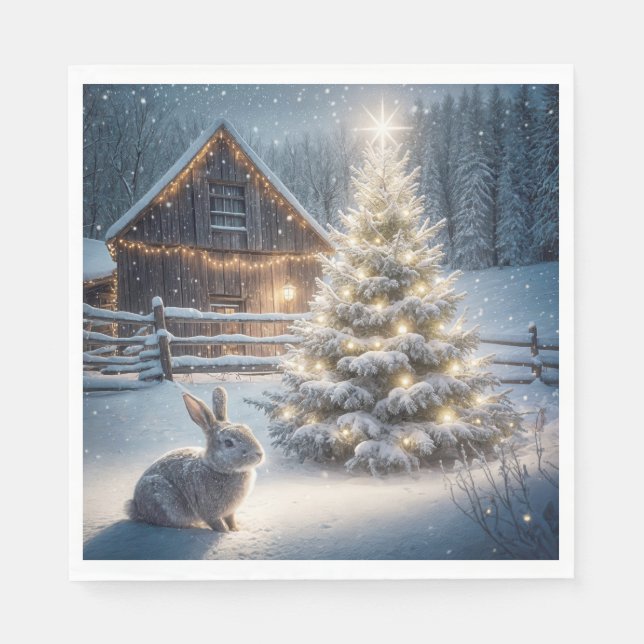 Servilleta De Papel Bunny navidades con árbol y granero brillante (Anverso)