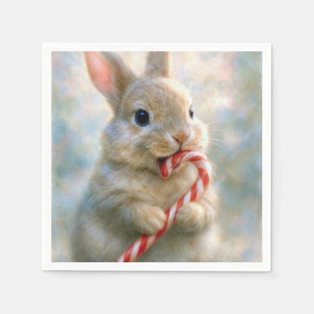 Servilleta De Papel Bunny Rabbit Nibbling On a Candy Cane (Anverso)