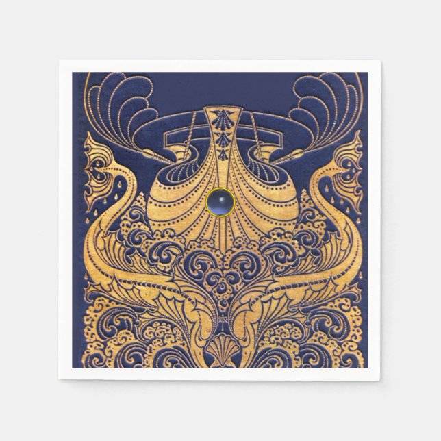 Servilleta De Papel Buque antiguo, delfines, oro, azul marino (Anverso)