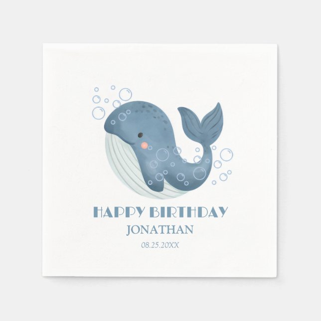 Servilleta De Papel Burbuja azul circular mate niños de ballena cumple (Anverso)
