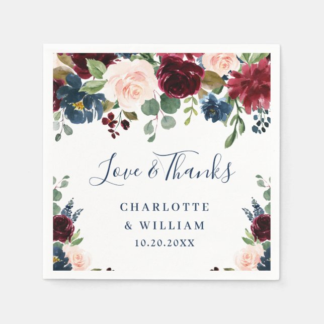 Servilleta De Papel Burgundy Azul Marino Rubor Floral Rústico Party (Anverso)