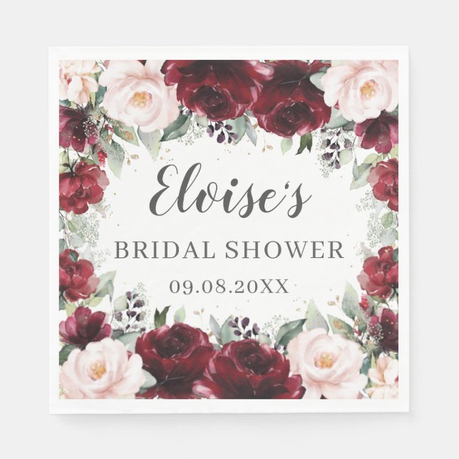 Servilleta De Papel Burgundy Besos Florales Boda Despedida de Soltera  (Anverso)