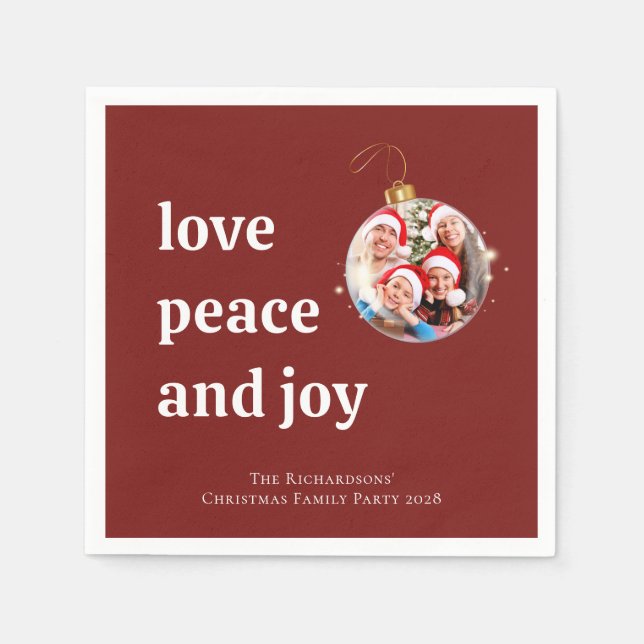 Servilleta De Papel Burgundy Christmas Family Photo Love Peace Joy  (Anverso)