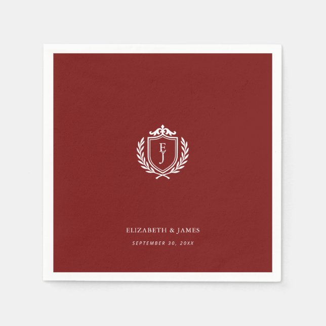 Servilleta De Papel Burgundy Crest Wedding Welcome, Custom Initials (Anverso)