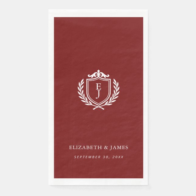 Servilleta De Papel Burgundy Crest Wedding Welcome, Custom Initials (Anverso)