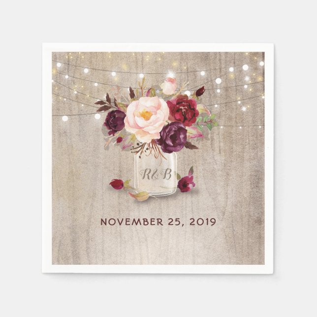 Servilleta De Papel Burgundy Floral Mason Jar Rustic (Anverso)