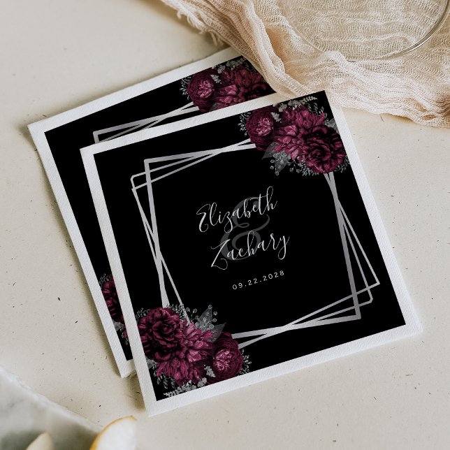 Servilleta De Papel Burgundy Floral Silver Geométrico Negro Boda (Subido por el creador)