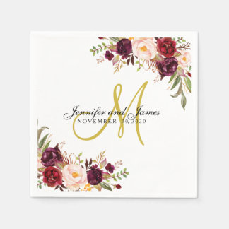 Servilleta De Papel Burgundy Floral Watercolor Gold Monograma Boda