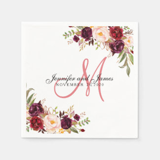 Servilleta De Papel Burgundy Floral Watercolor Gold Monograma Boda