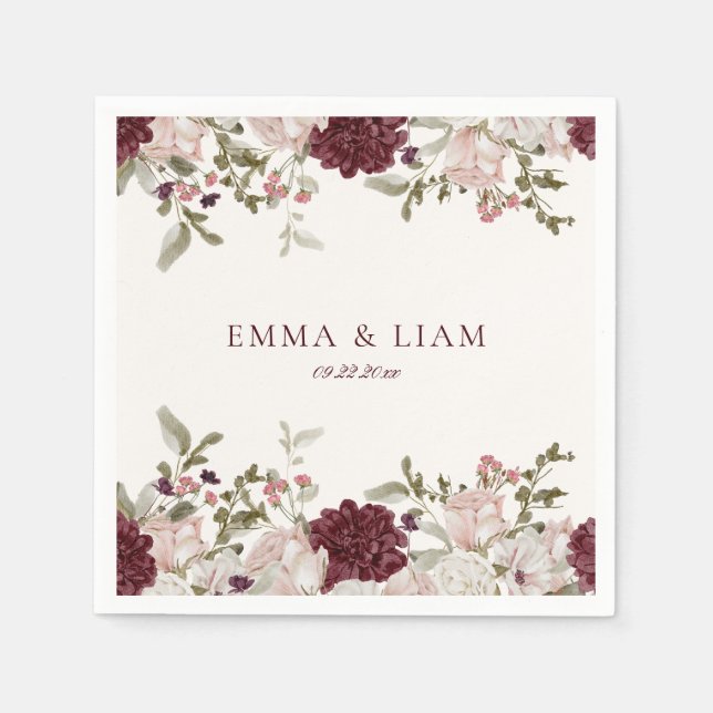 Servilleta De Papel Burgundy Floral Wedding Cocktail Napkins (Anverso)