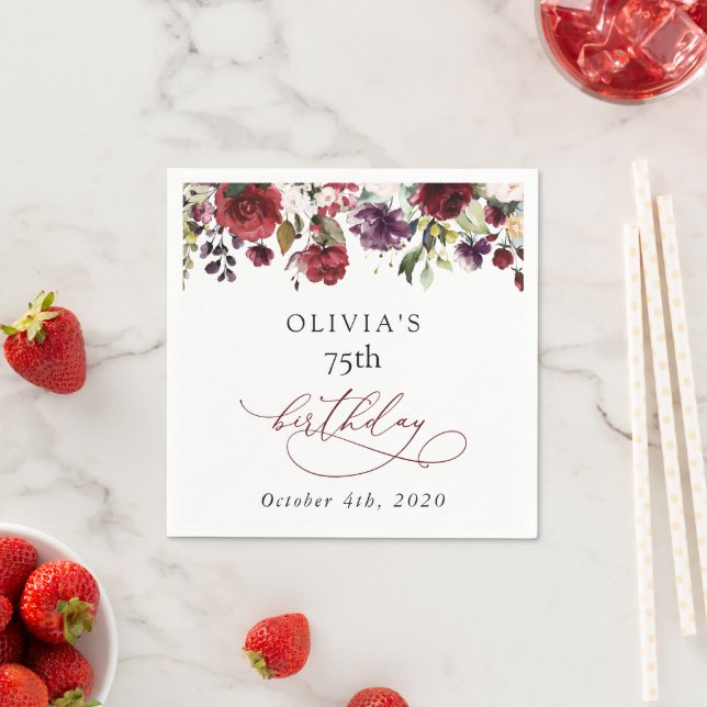 Servilleta De Papel Burgundy Flowers, Pink Flowers, Boho, Birthday (In situ)