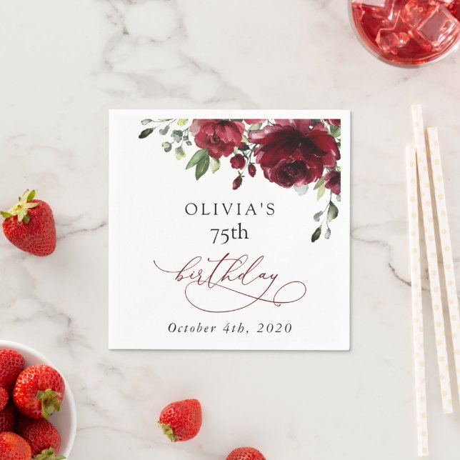 Servilleta De Papel Burgundy Flowers, Red Flowers, Greenery, Birthday (In situ)