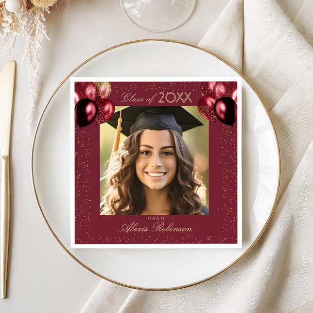 Servilleta De Papel Burgundy Gold Balloons Graduation Party Photo (Subido por el creador)