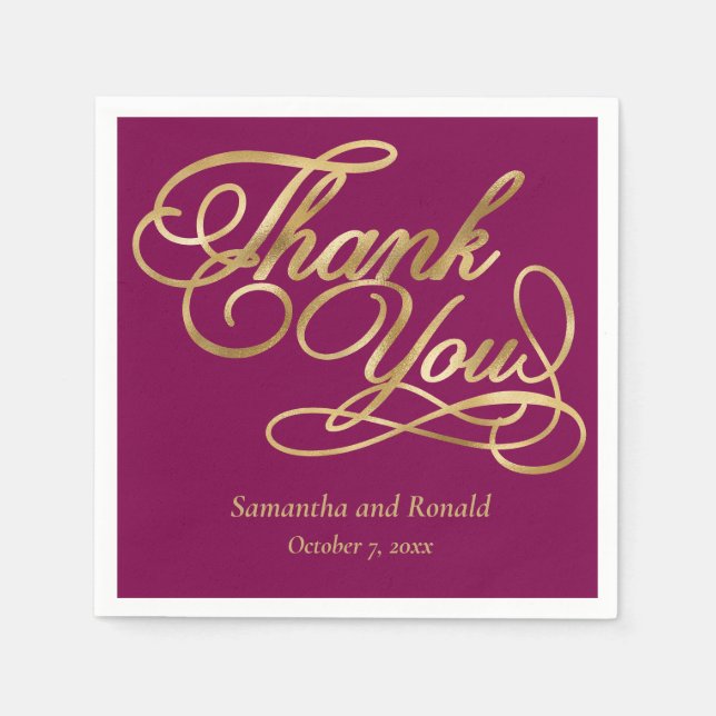 Servilleta De Papel Burgundy & Gold Foil Thank You Calligraphy Wedding (Anverso)