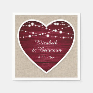 Servilleta De Papel Burgundy Heart String ilumina el Boda Burlap