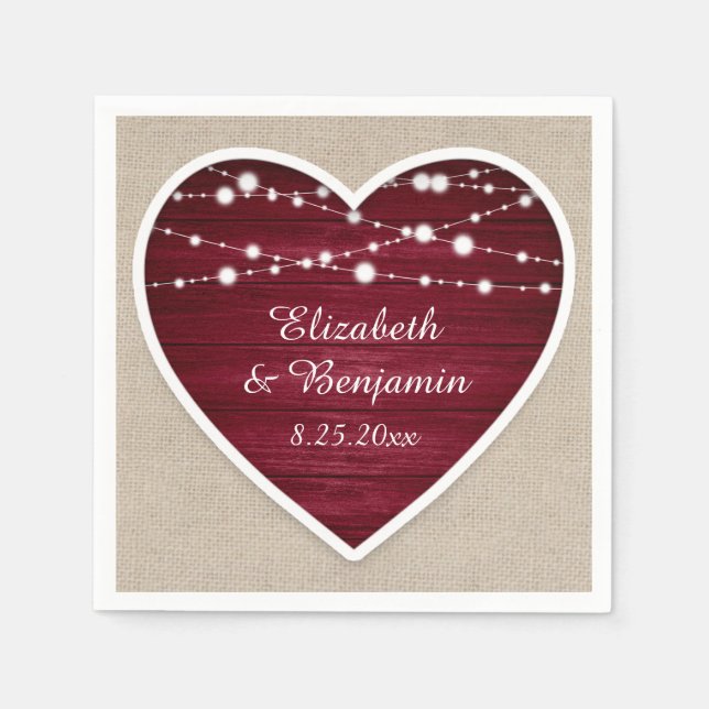 Servilleta De Papel Burgundy Heart String ilumina el Boda Burlap (Anverso)