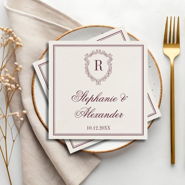 Servilleta De Papel Burgundy & Ivory Monogram Crest Old Money Wedding (Subido por el creador)