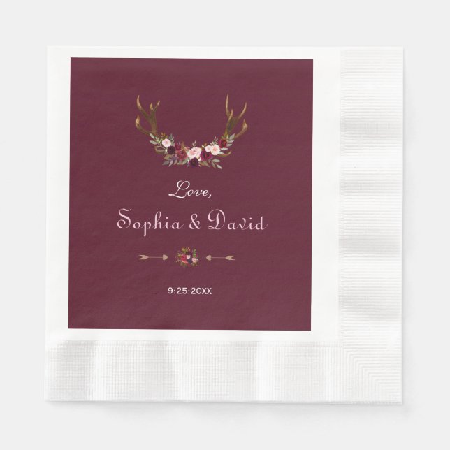 Servilleta De Papel Burgundy Marsala Floral Antlers Boda (Anverso)