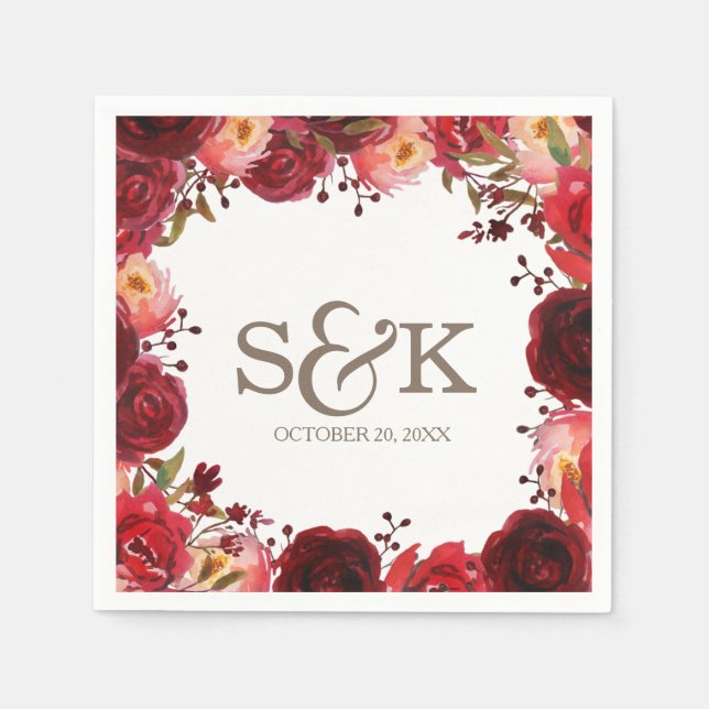 Servilleta De Papel Burgundy Marsala Red Roses Floral Boda (Anverso)