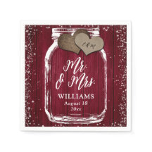 Burgundy Mason Jar Rustic Wood Mr & Mrs Boda