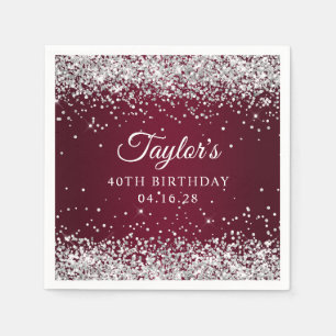 Servilleta De Papel Burgundy Ombre Glitter Plateado Cumpleaños 40