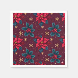 Servilleta De Papel Burgundy Poinsettia & Gold Snowflake 