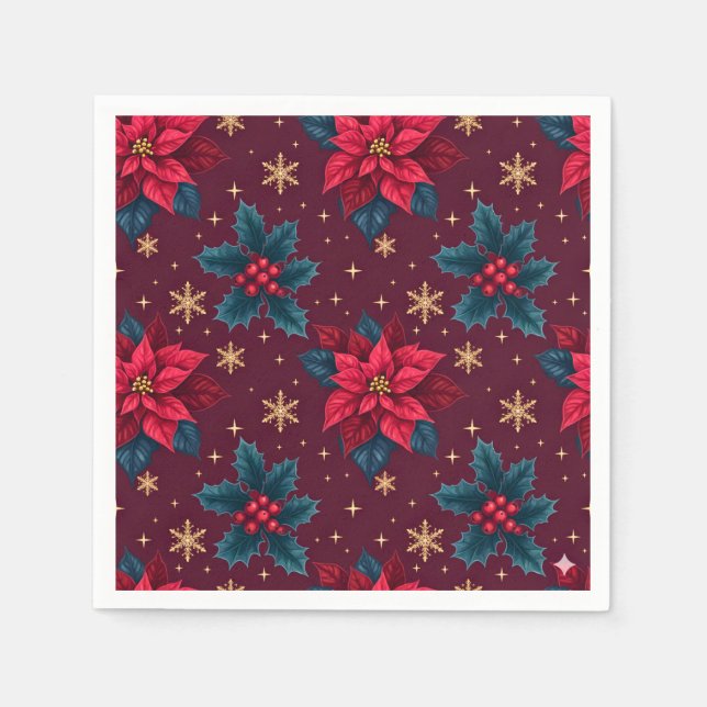 Servilleta De Papel Burgundy Poinsettia & Gold Snowflake  (Anverso)