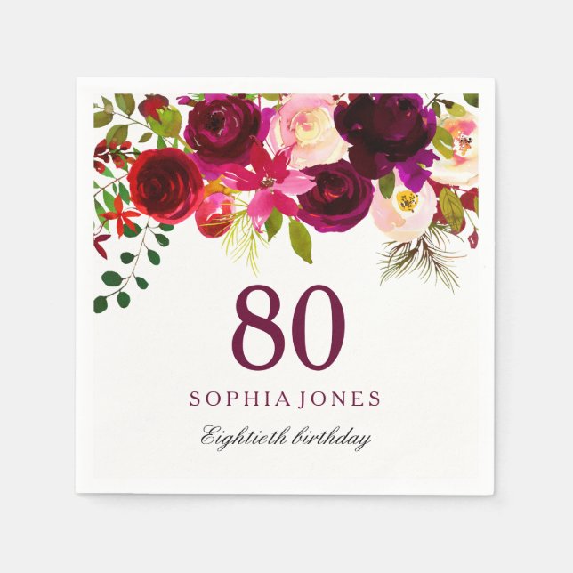 Servilleta De Papel Burgundy Red Floral Boho 80 cumpleaños (Anverso)